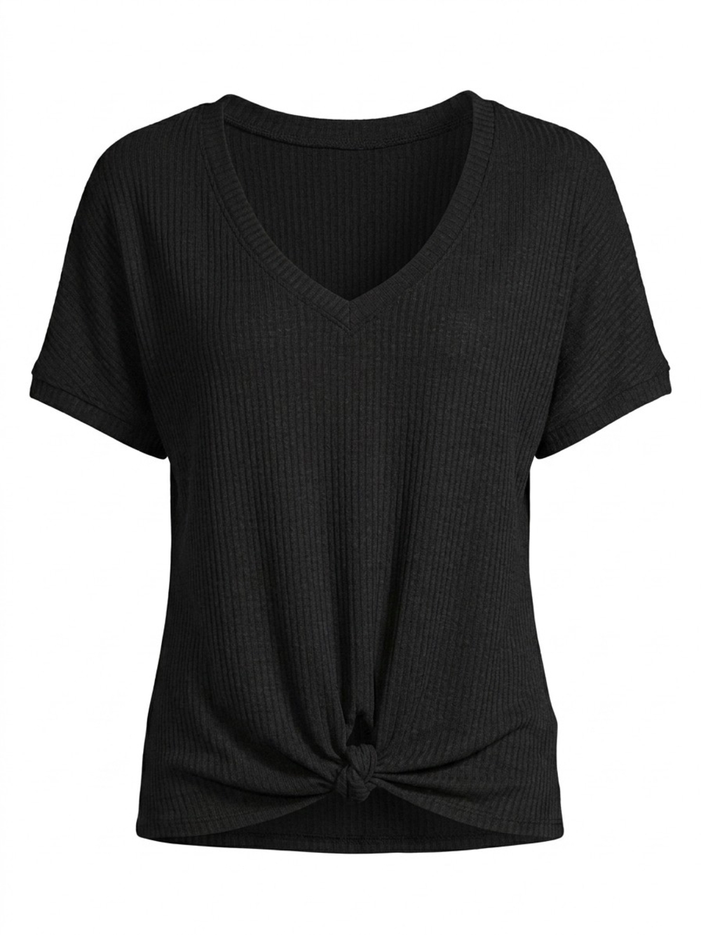 Knot-Front V‑Neck Ribbed Top in Black